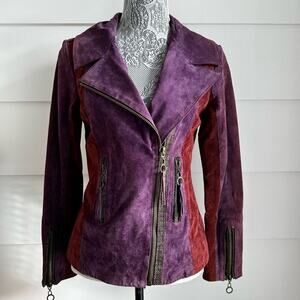 Vintage Color Block Suede Leather Jacket 80s 90s Purple Maroon Suede XS